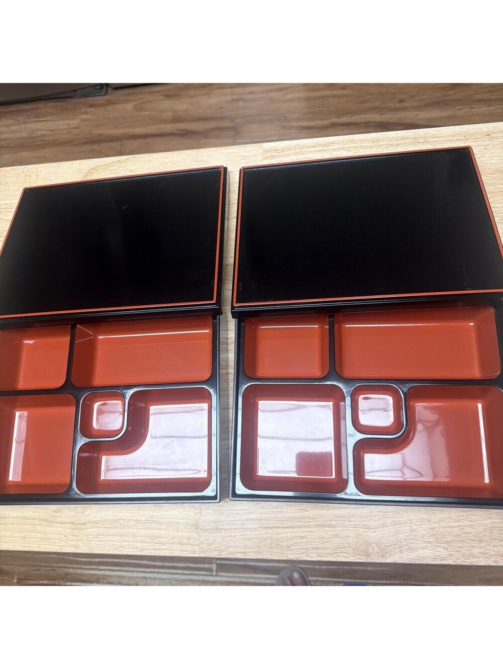 Lot Of 2 Bento Boxes Unused Vintage 3 Piece Dinner Boxes Black Orange Lacquered